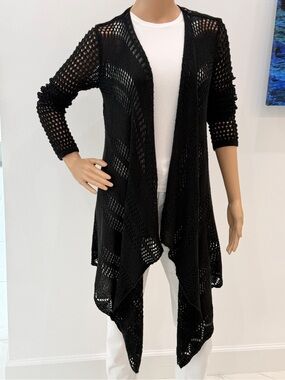 Pretty Black Open Knit Draped Lightweight Cardigan, Long Sleeve